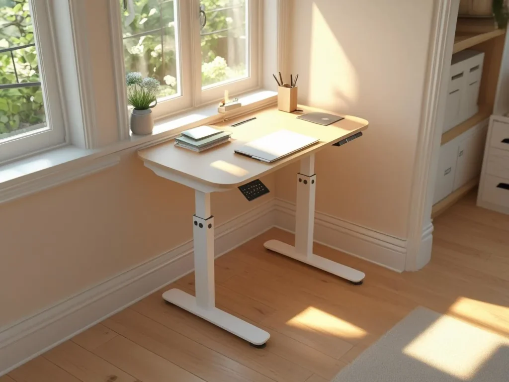 Small home office setup Small home office setup with compact adjustable desk in cozy corner workspace