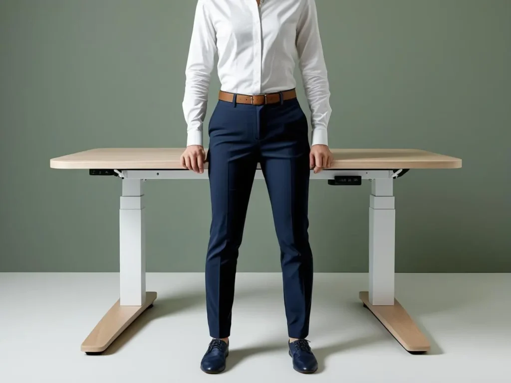 adjustable-standup Office scene applying ergonomic health tips for standing desk health benefits