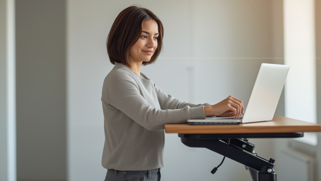 A person of average height adjusting an ergonomic standing desk to their correct elbow height for a comfortable working position.
