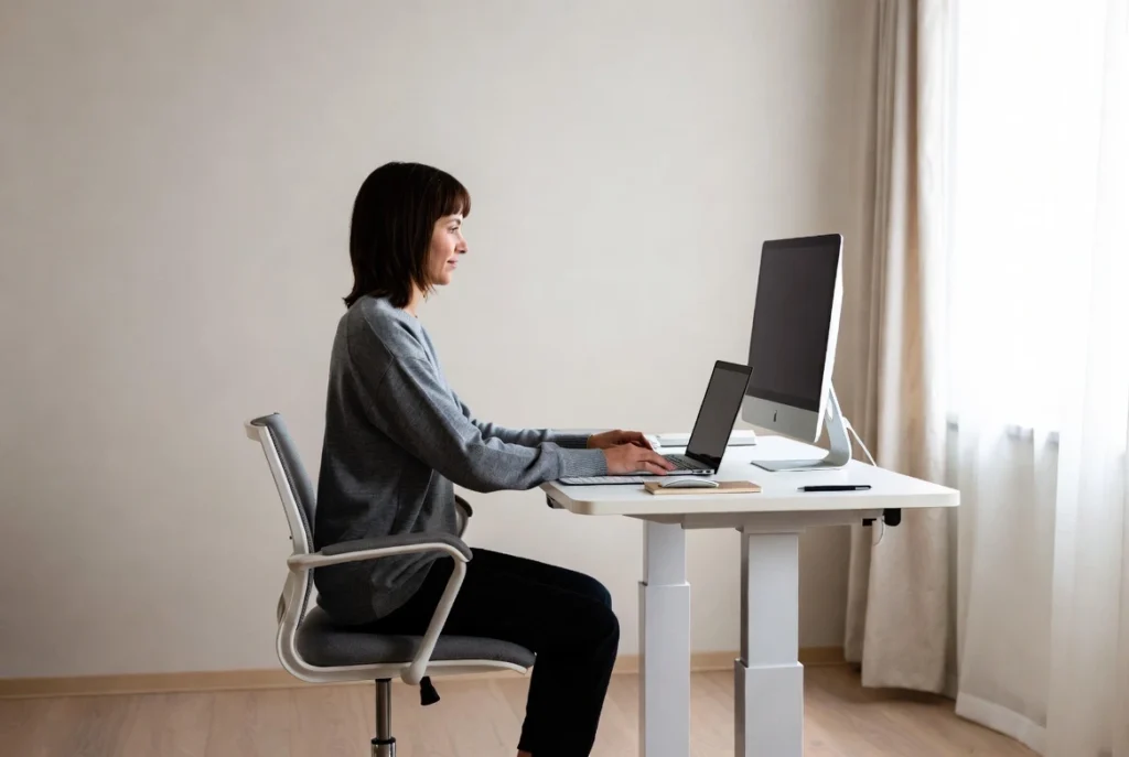 Person alternating between sitting and standing at adjustable desk in small home office