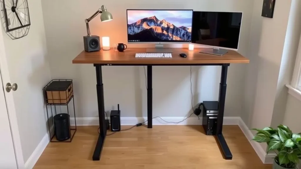 proper-budget-standing-desk Well-organized budget standing desk setup showing proper cable management and ergonomic positioning