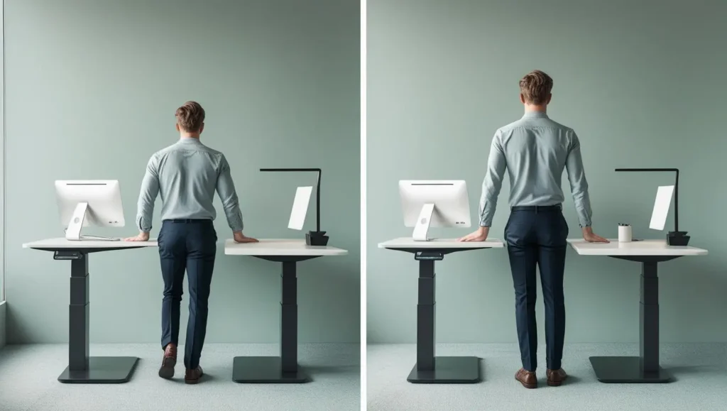 sitting-to-standing-transition Professional using adjustable standing desk with proper ergonomic posture