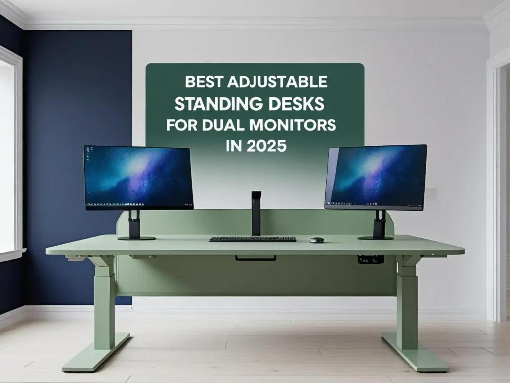 standing-desks-dual-monitors Dual monitors desk on adjustable desk for monitors