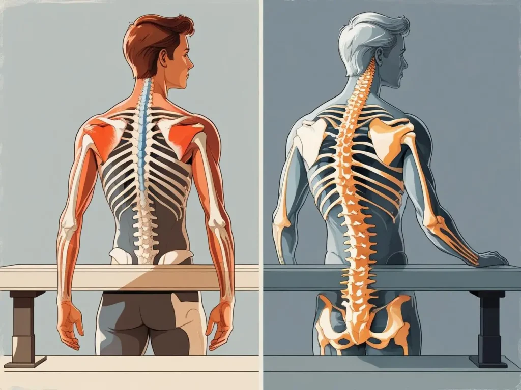 wrong vs-right Side-by-side comparison showing wrong vs. right standing posture at adjustable desk.