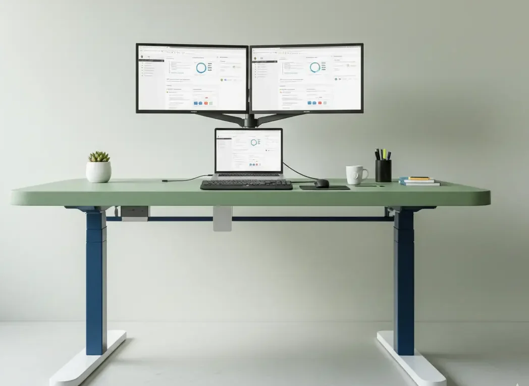 Organized adjustable desk showing proper weight distribution with monitors, laptop, and office supplies