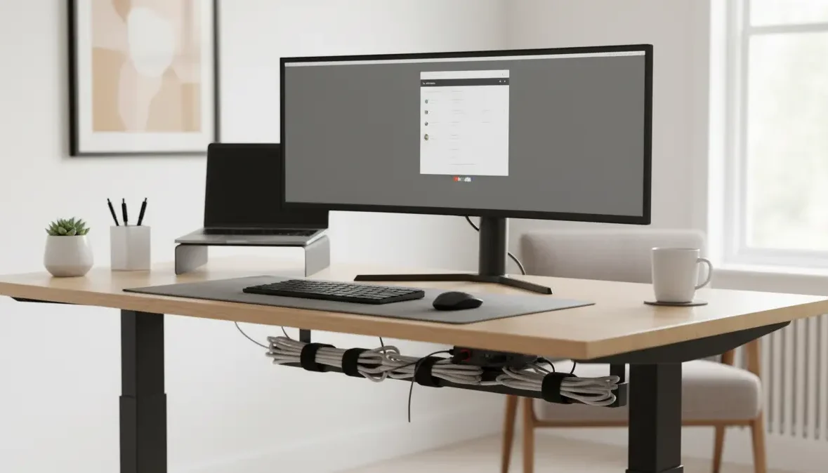 Well-maintained electric desk Clean, well-maintained electric adjustable desk in organized home office workspace