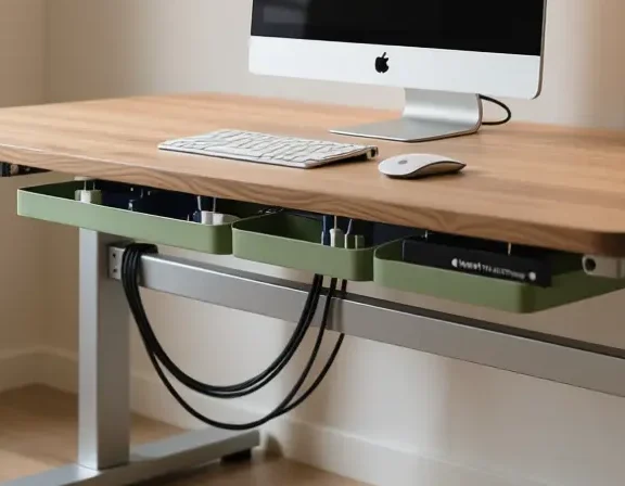 DIY cable management channel blending seamlessly with standing desk frame