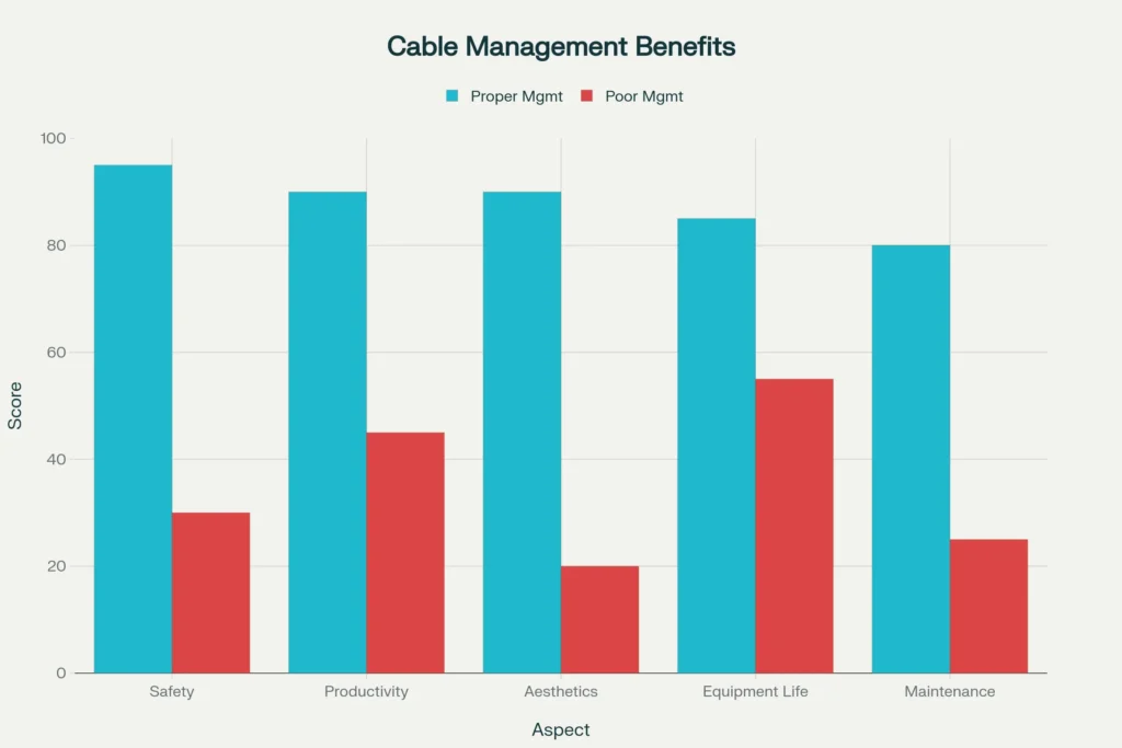 Benefits of proper cable management for standing desks compared to poor cable management across key workplace factors