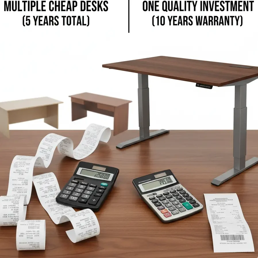 fixedvsadjustable Cost comparison showing expenses of multiple fixed desk purchases versus one adjustable standing desk