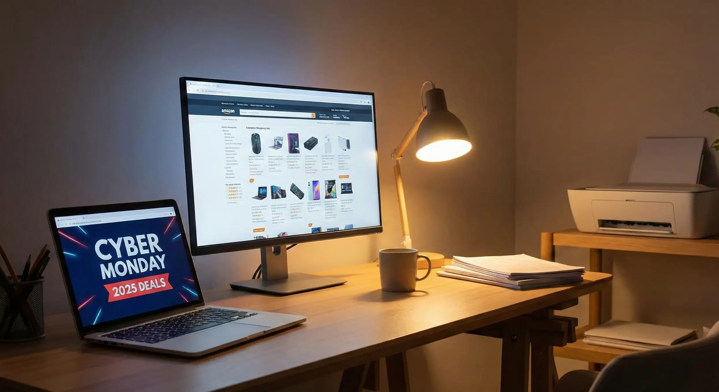 Modern cyber monday home office  deal with laptop, monitor, and printer