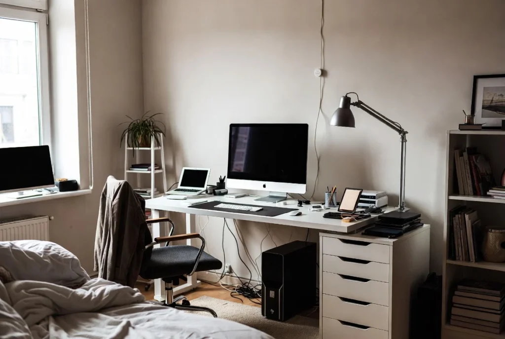 Cluttered desk showing common errors in small home workspace setup