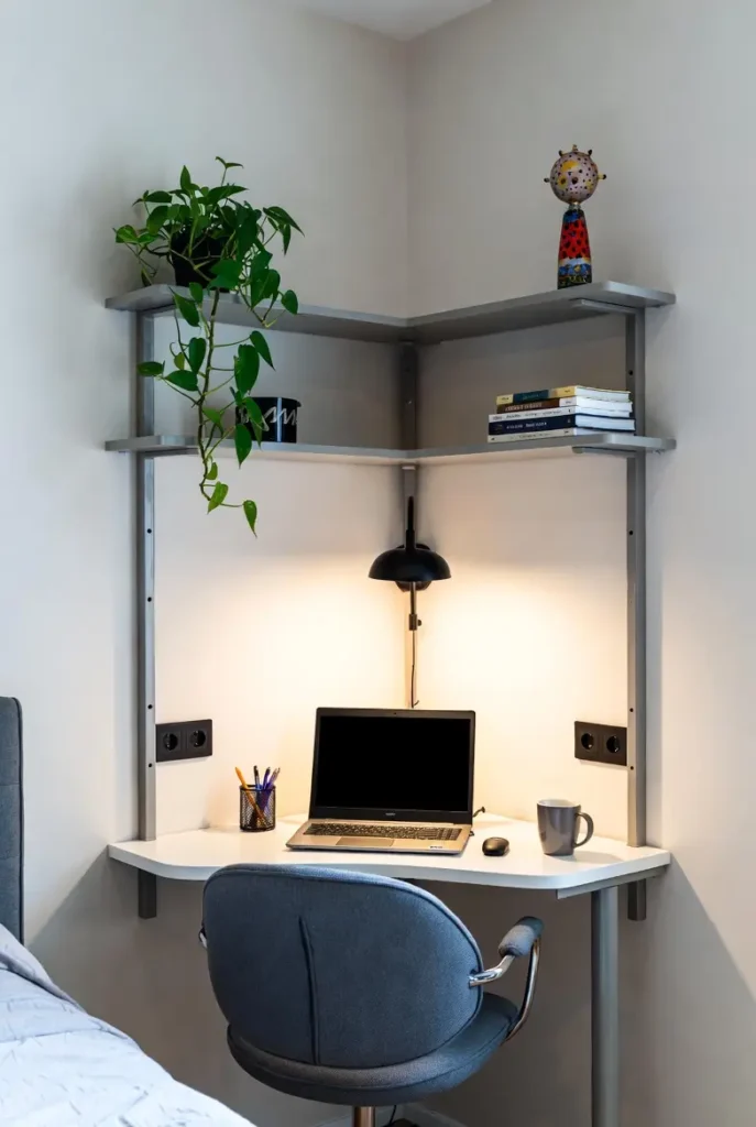 Angled desk layout in a compact home workspace for better focus