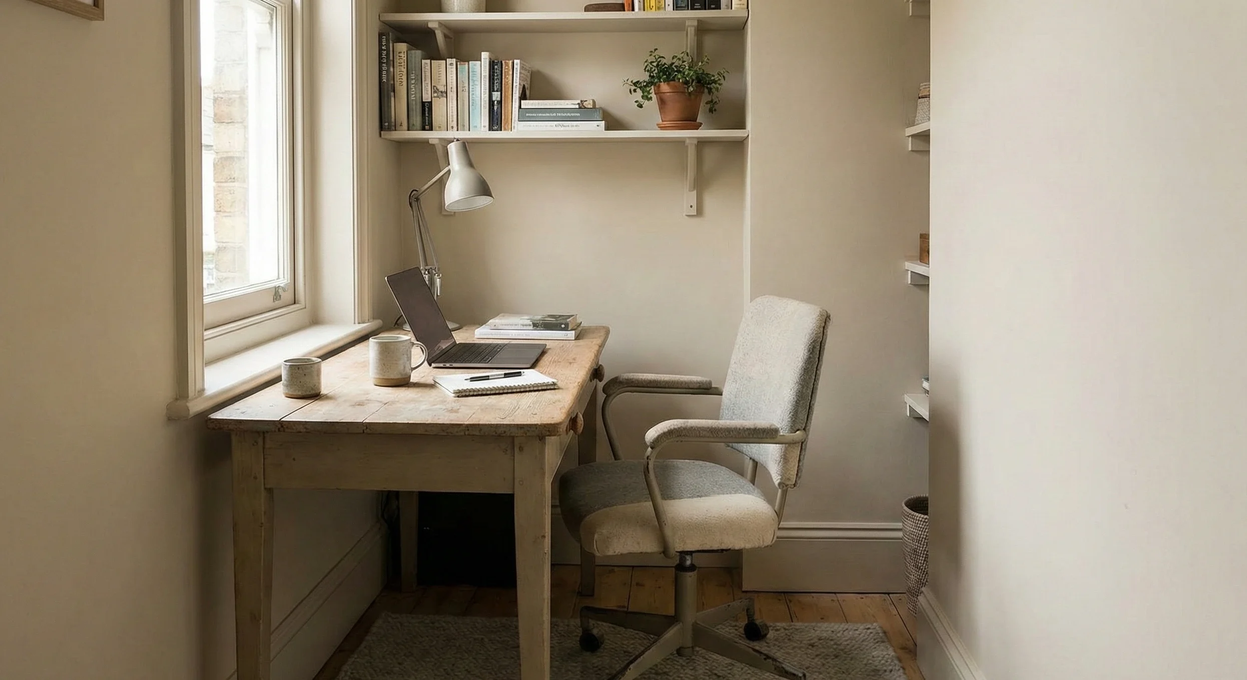 Mismatched desk and chair in small home office causing posture problems