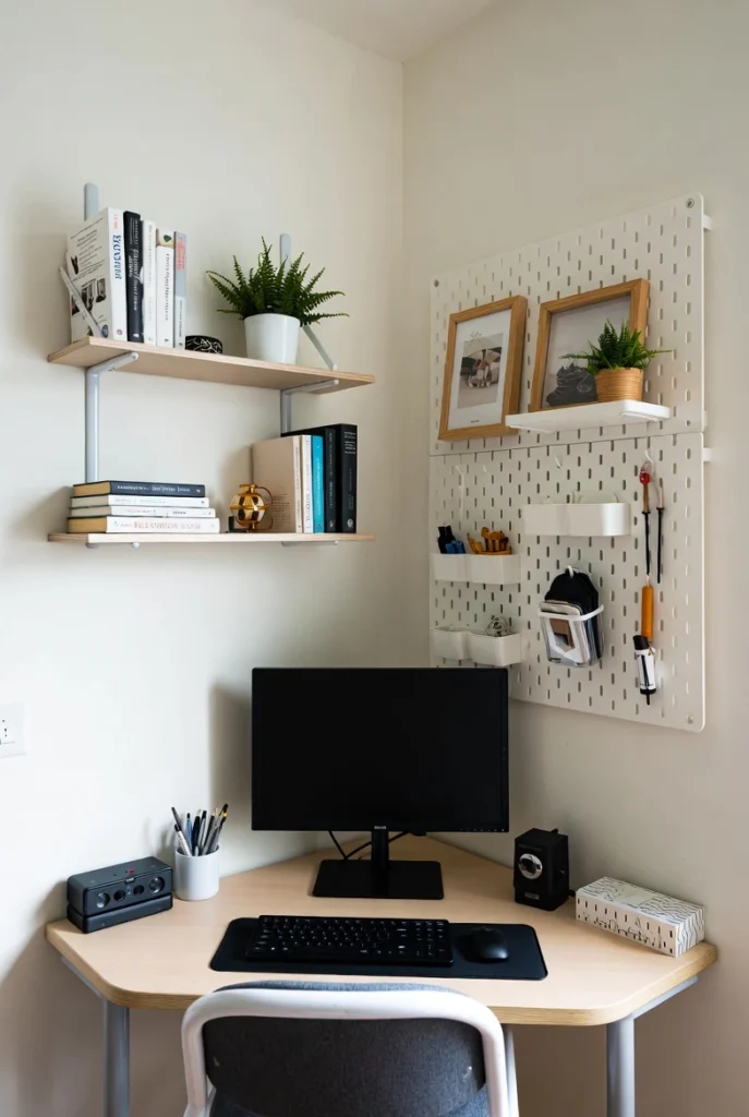 Floating shelves and pegboard mounted on walls above a corner desk
