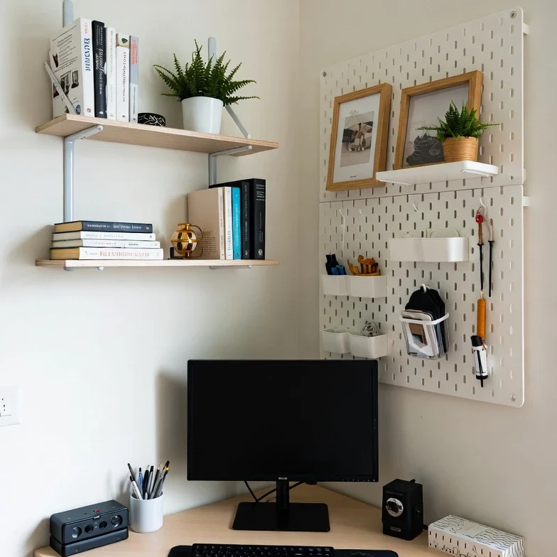 corner-workspace-benefits-productivity Floating shelves and pegboard mounted on walls above a corner desk