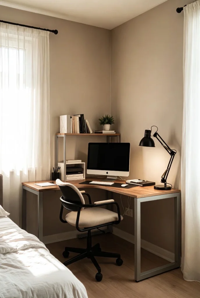 Painter's tape outlining desk footprint in a bedroom corner for testing