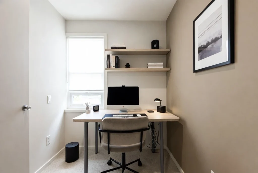 Narrow room with desk along one wall and shelving opposite in efficient galley workspace