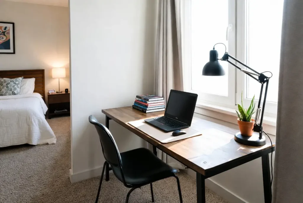 Bedroom corner workspace in a small spaces with natural light