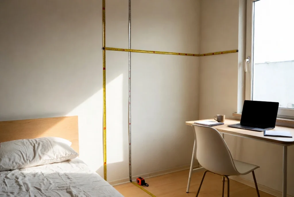 Tape measure marking wall lengths and clearance in a small bedroom corner