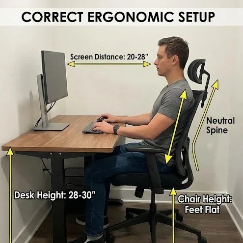 Small home office setup showing proper desk dimensions and ergonomic chair positioning for productivity