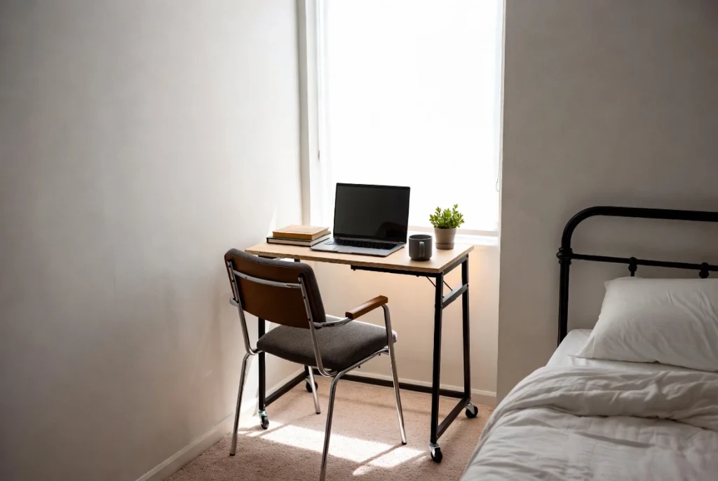 Mobile rolling cart setup as flexible workspace in studio apartment with laptop and supplies