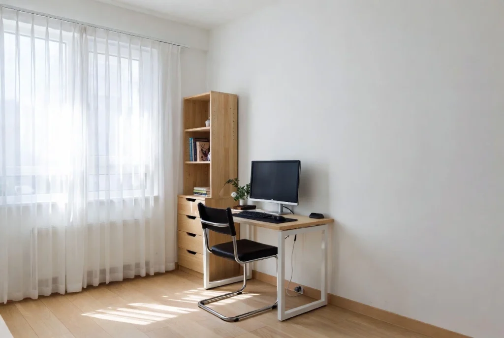 Clutter-free small home office layout in apartment showing smart furniture positioning for better flow