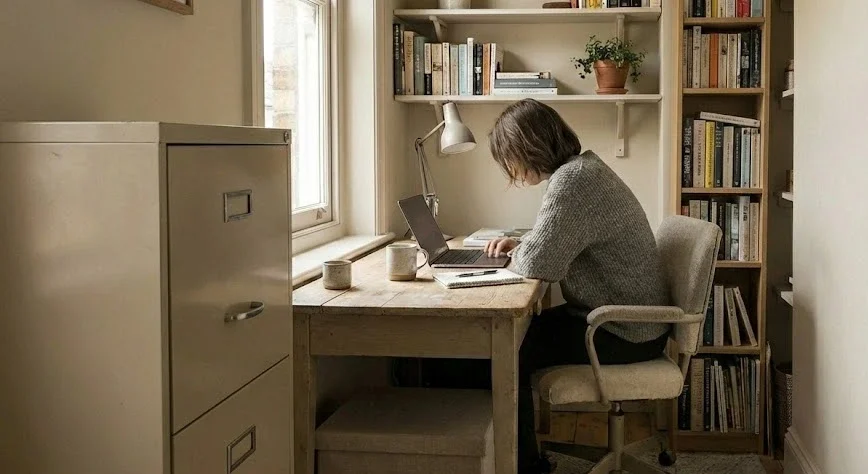[[IMAGE: Small home office with desk floated away from wall showing improved flow and space perception - Alt text: Home workspace design showing desk positioned away from wall for better workflow and spatial organization]]