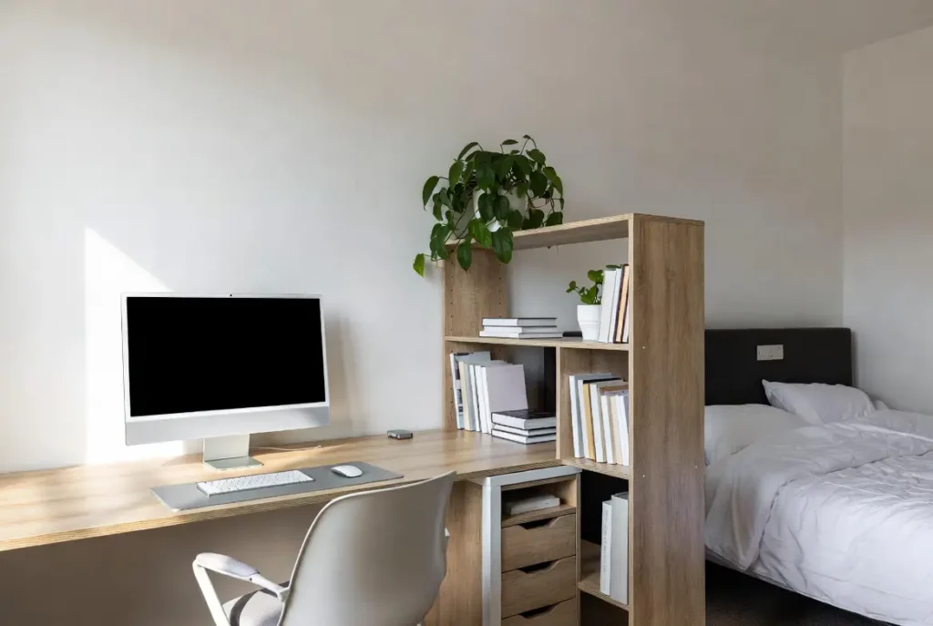 Visual zoning in a small home workspace using a shelf divider
