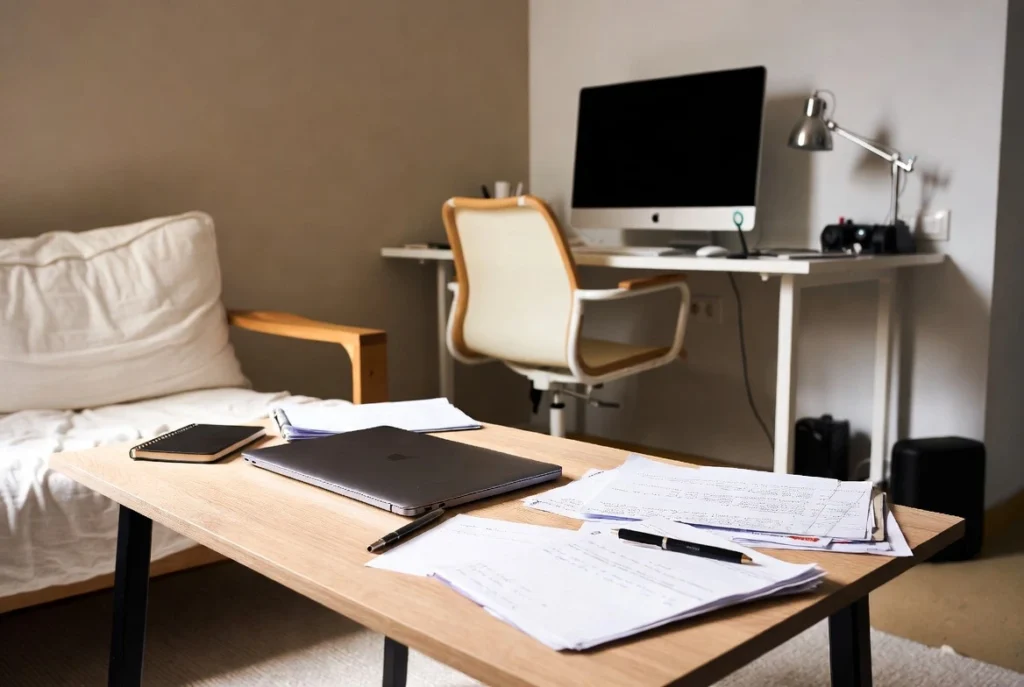 Cluttered small apartment workspace transformed with multi-purpose furniture for better focus