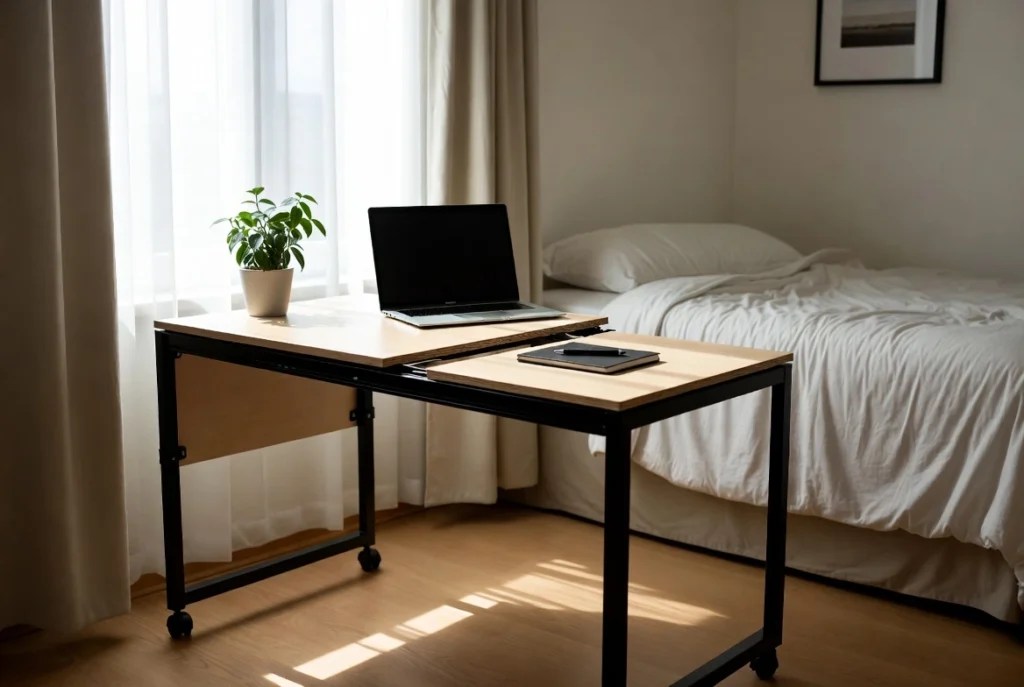 Minimalist mobile desk setup in small apartment for flexible work